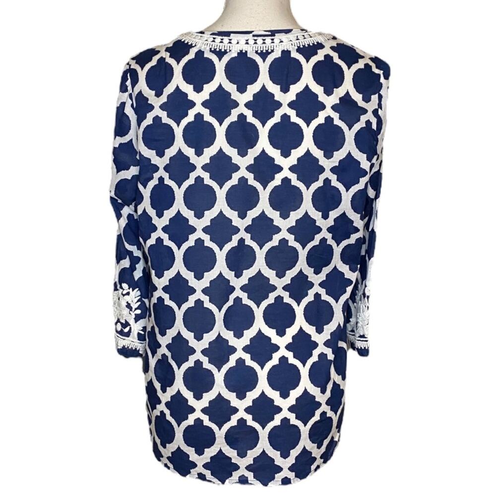 Navy& White Talbots Cotton Bohemian Tunic w/ Embroidery on Neckline & Sleeves Mp - Picture 4 of 8